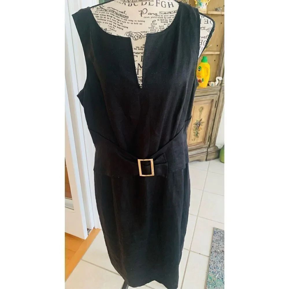 Liz Claiborne 100% Linen Sleeveless Black Belted Dress